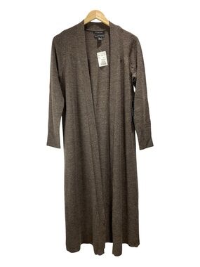 New Tahari Wool Knit Sweater Size L Merino Wool Brown Midi Length Cardigan